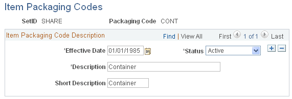 Item Packaging Codes page