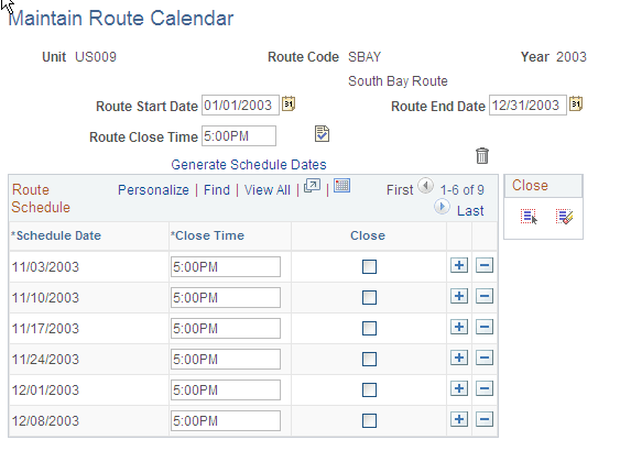 Maintain Route Calendar page