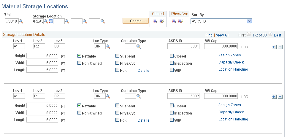 Material Storage Locations page