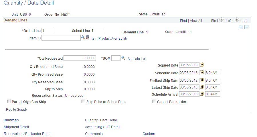 Quantity/Date Detail page