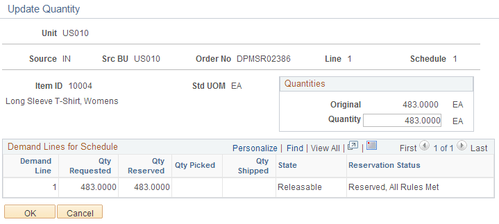 Update Quantity page