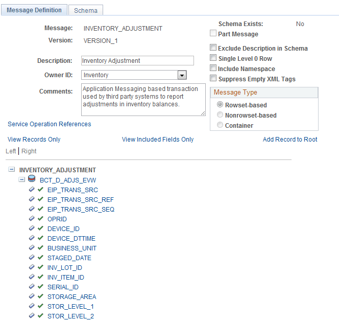 View the fields included in the message used by the INVENTORY_ADJUSTMENT service operation