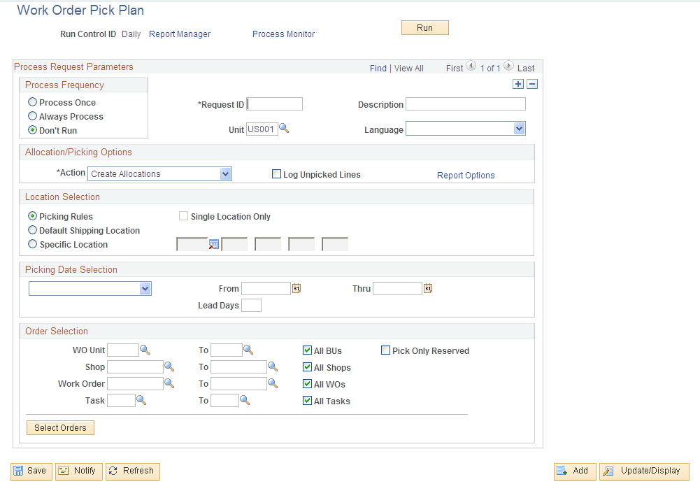 Work Order Pick Plan process page