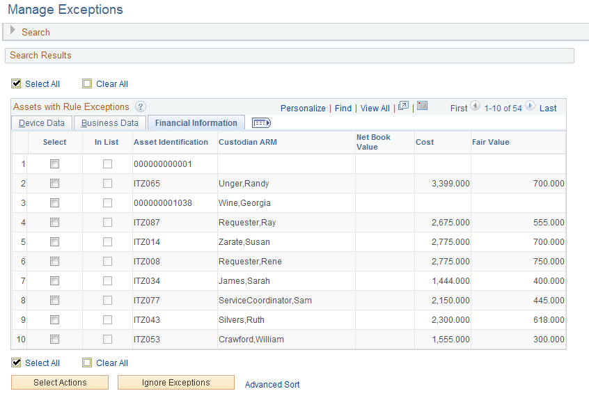 Assets with Rule Exceptions page - Financial Information tab