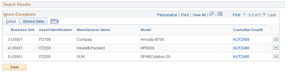 Ignore Exceptions Inquiry - Device Data page