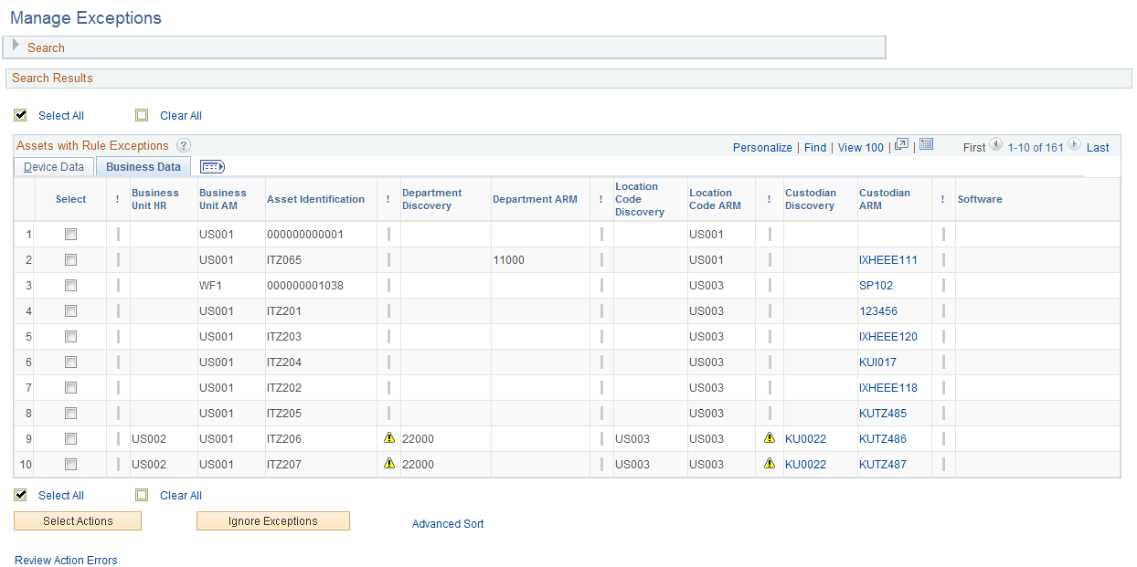 Manage Exceptions - Assets with Rule Exceptions page: Business Data tab
