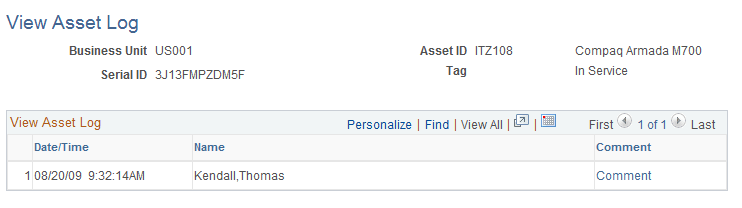 View Asset Log page (2 of 2)