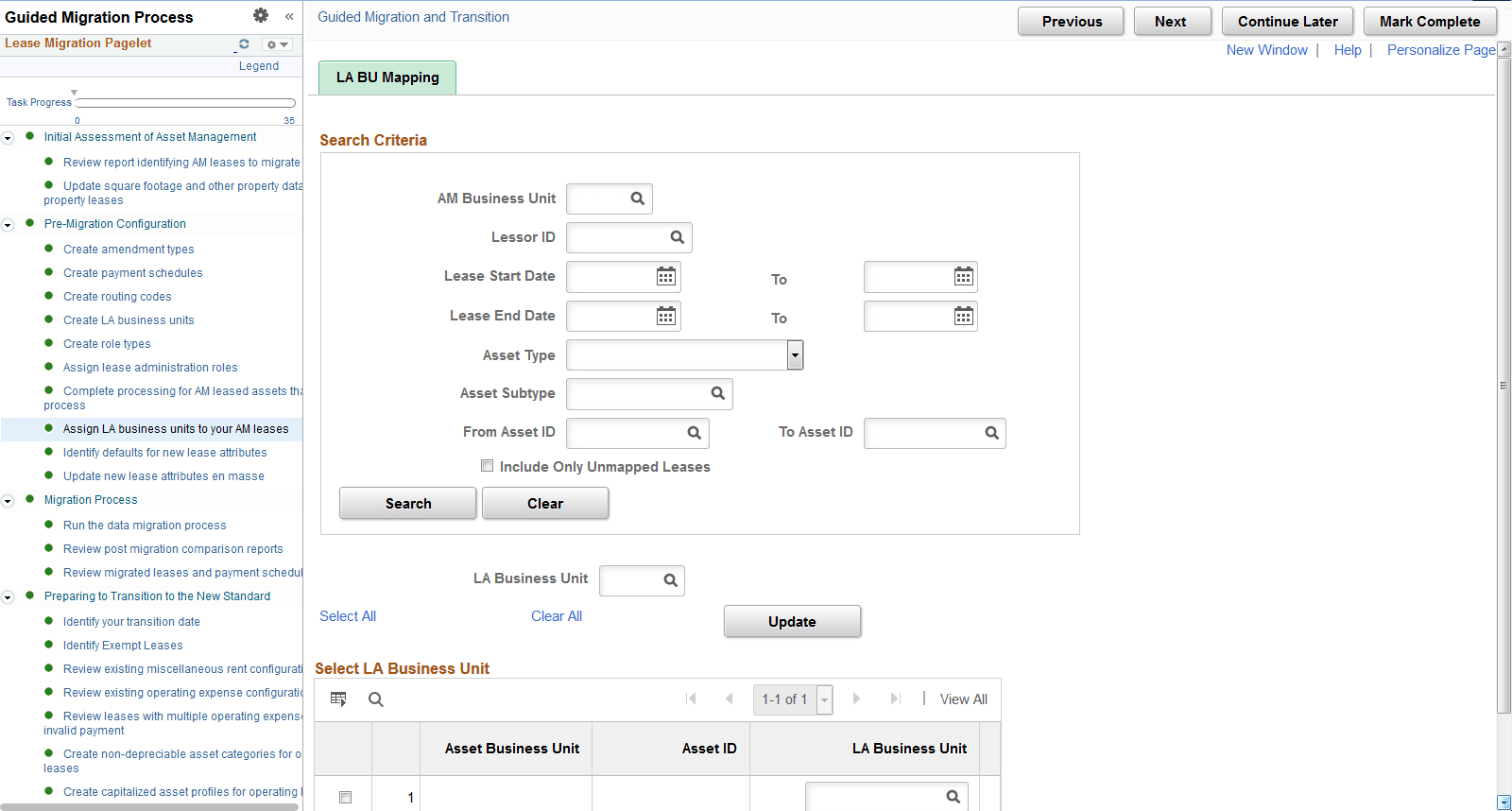 Assign LA Business Units to Your AM Leases page