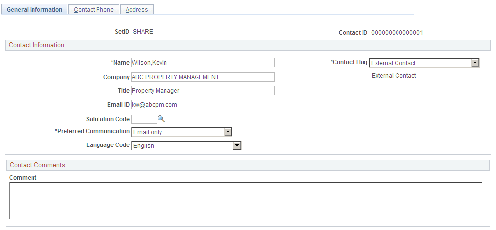 Contacts - General Information page