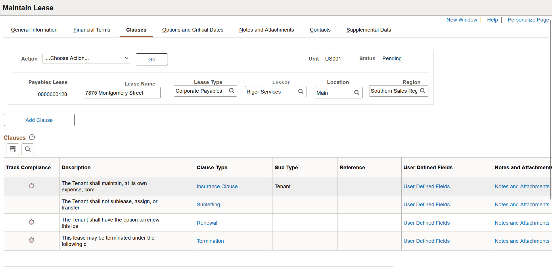 Create New Lease - Clauses page