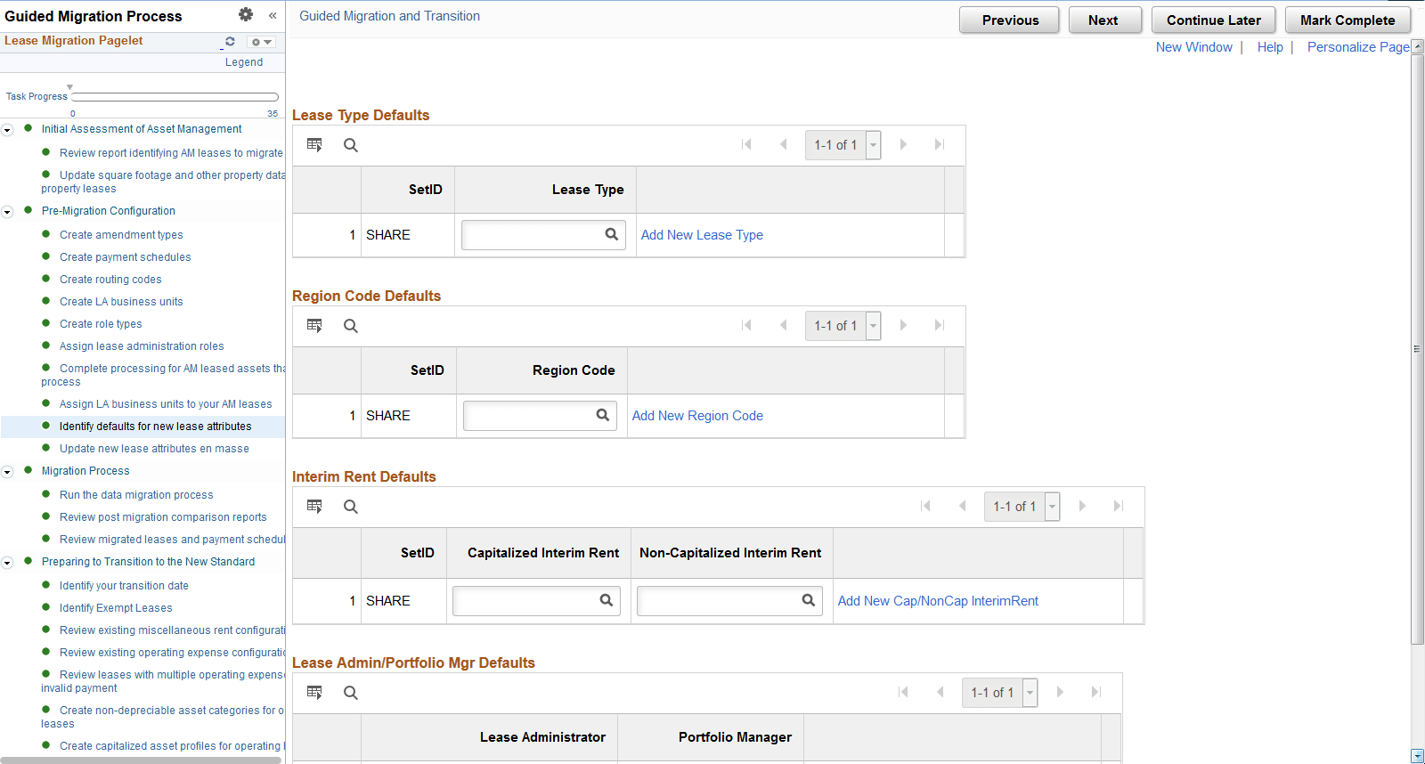 Identify Defaults for New Lease Attributes page