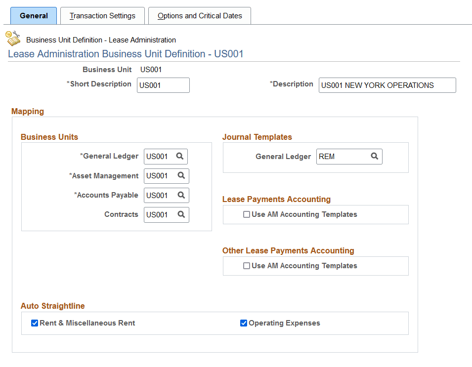 Lease Administration Business Unit Definition - General page (1 of 2)