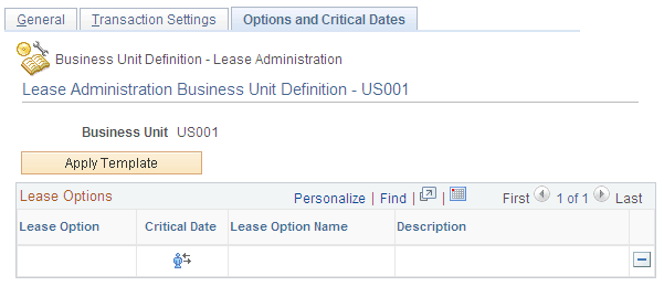 Lease Administration Business Unit Definition - Options and Critical Dates page