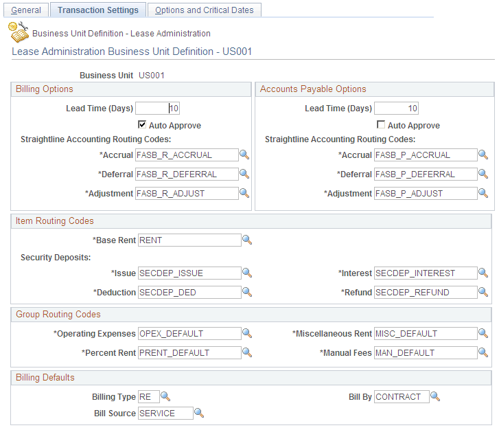 Lease Administration Business Unit Definition - Transaction Settings page