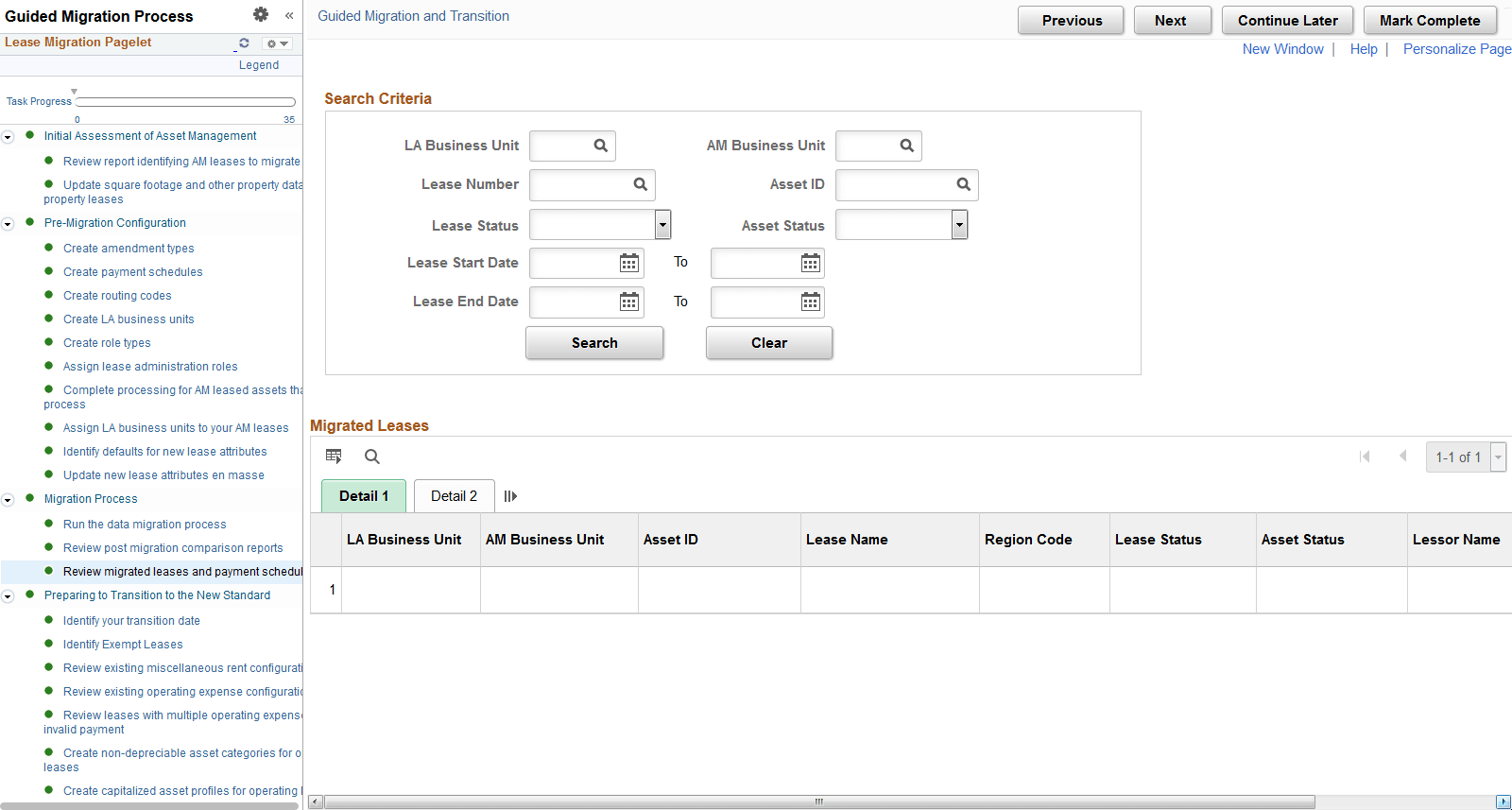 Review Migrated Leases and Payment Schedule page