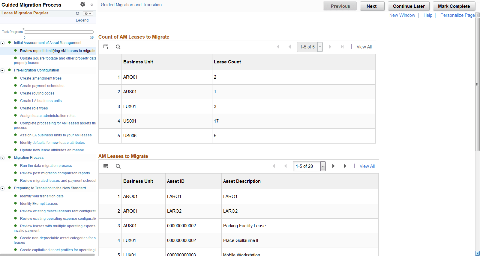 Review Report Identifying AM Leases to Migrate page