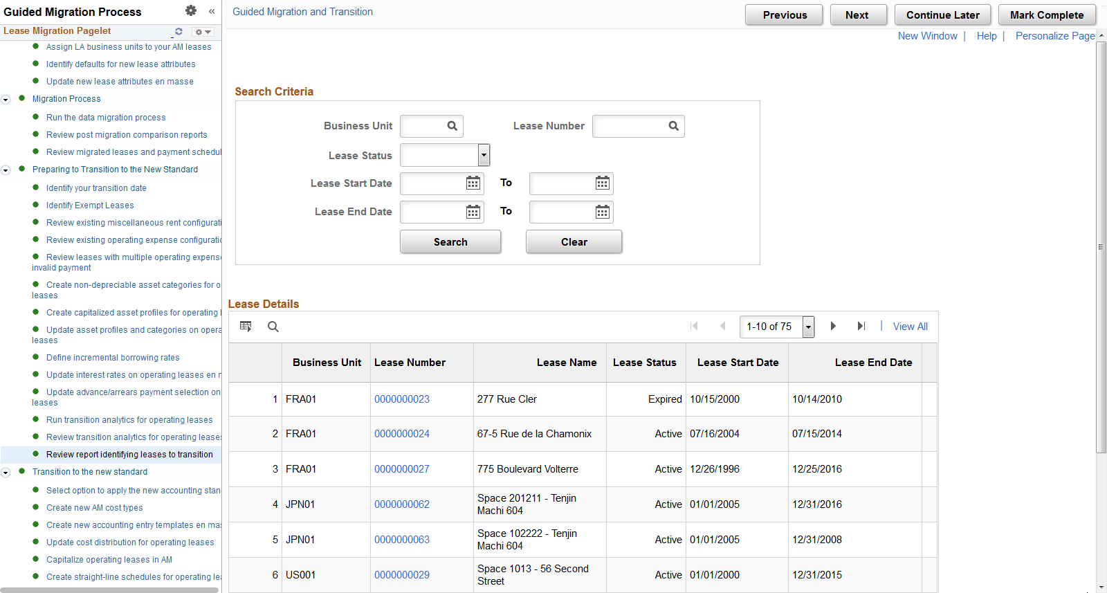 Review Report Identifying Leases to Transition page