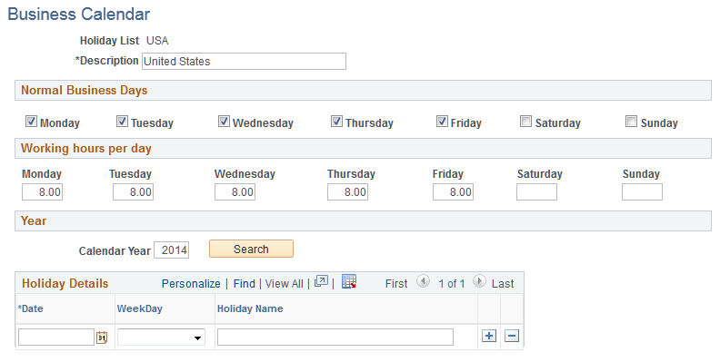 Business Calendar page