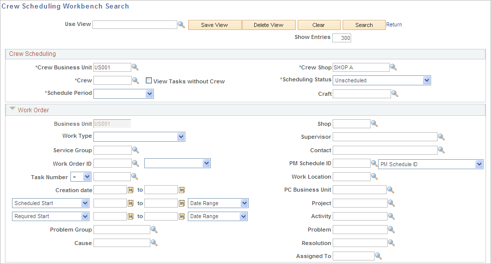 Crew Scheduling Workbench Search page (1 of 2)