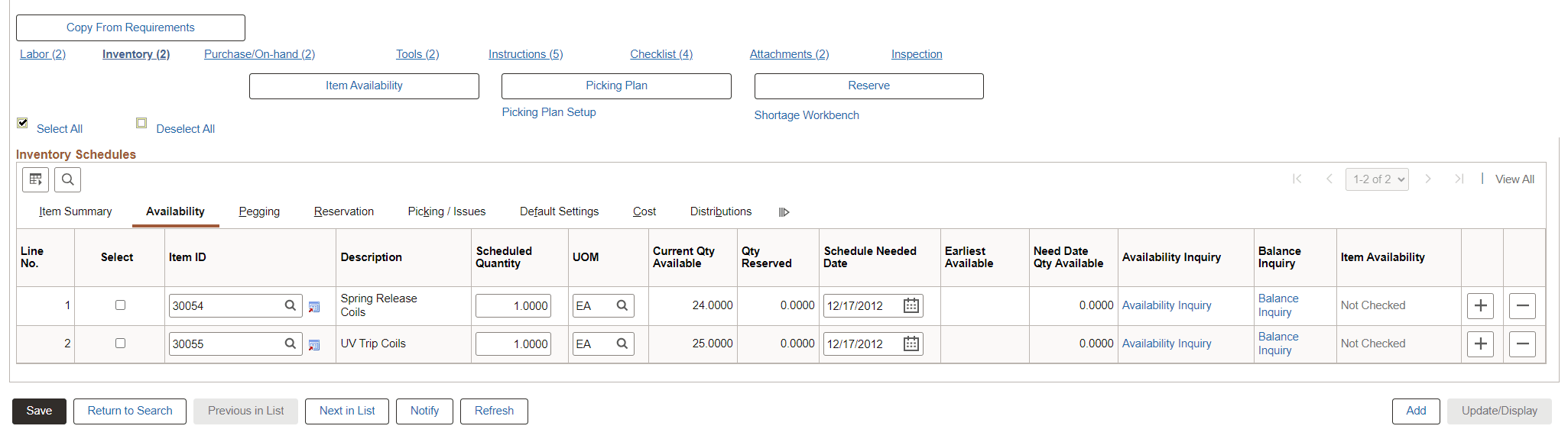 Inventory Schedules Availability tab on Schedules page