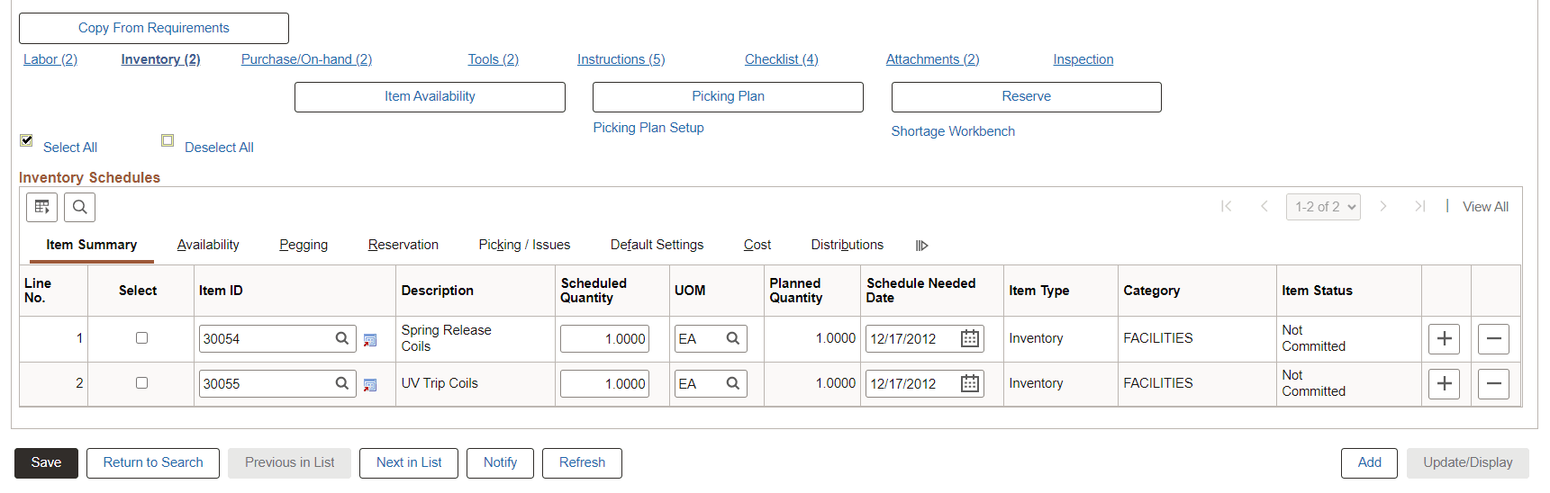 Inventory Schedules Item Summary tab on Schedules page