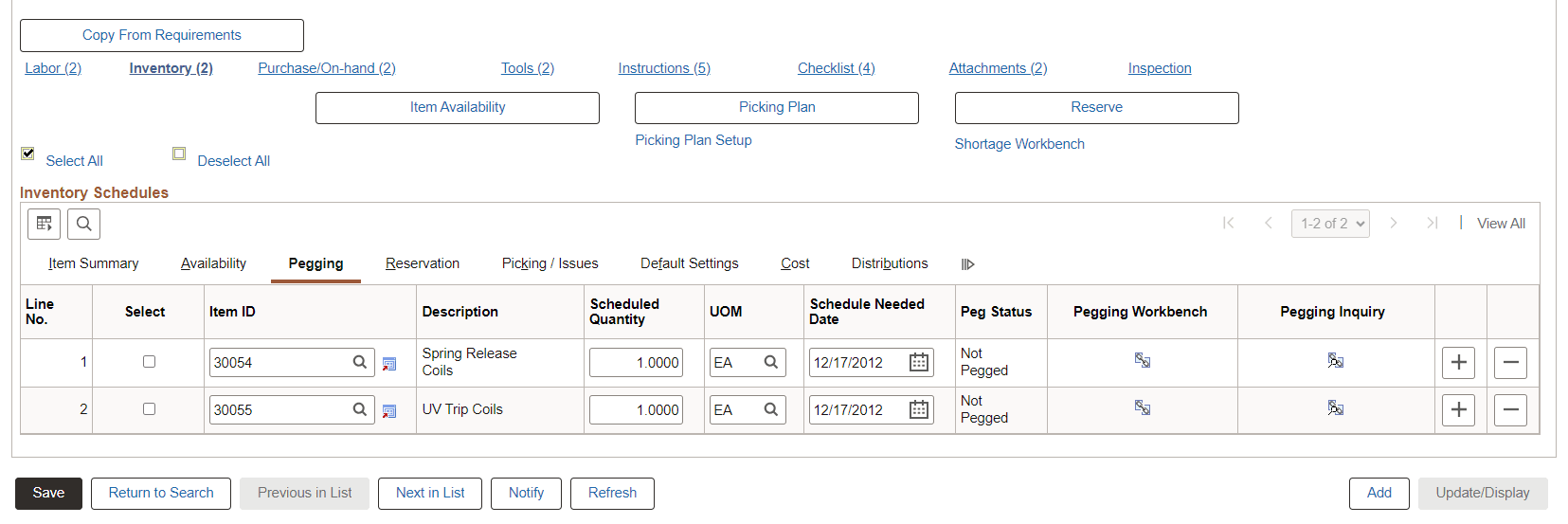 Inventory Schedules Pegging tab on Schedules page