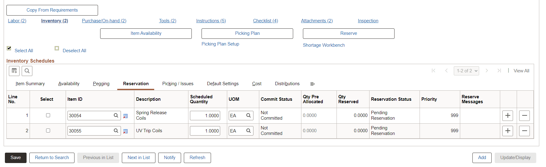 Inventory Schedules Reservation tab on Schedules page