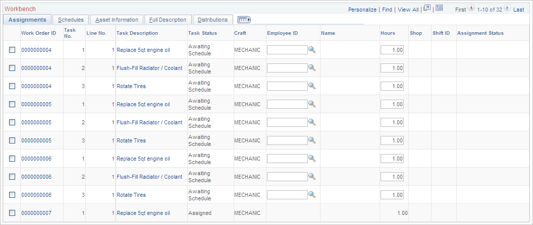 Labor Assignment Workbench page: Assignments tab