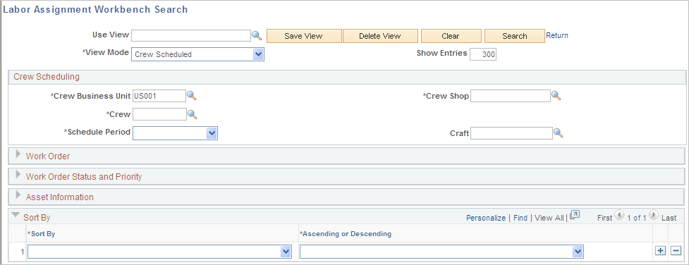 Labor Assignment Workbench Search page