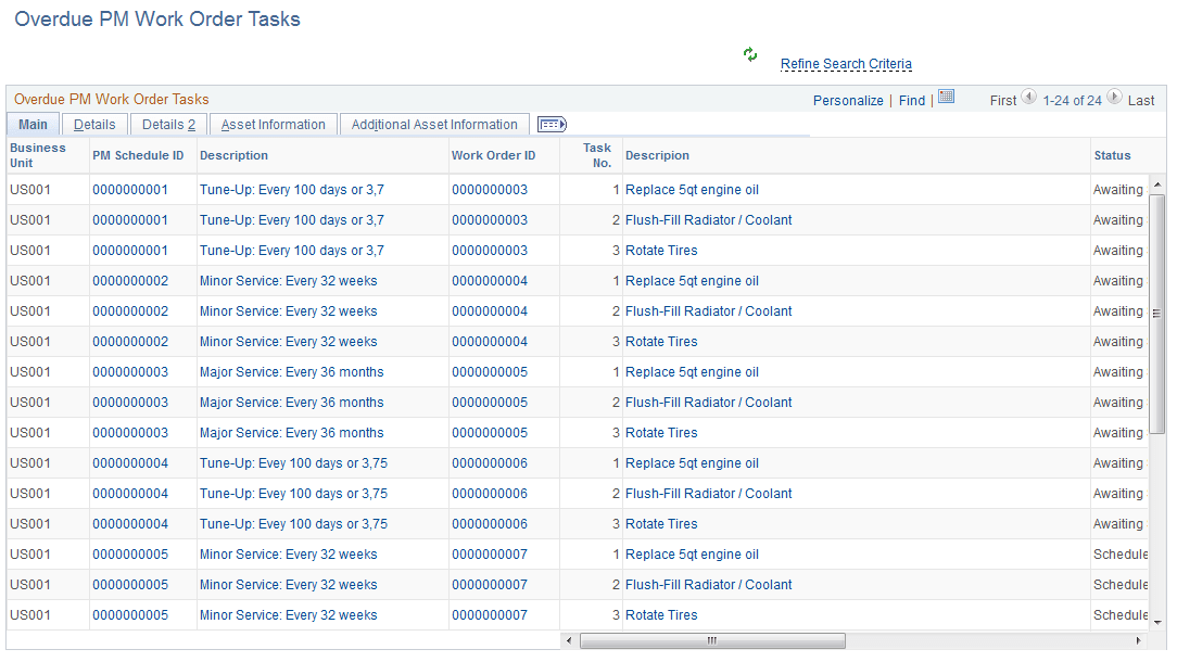 Overdue PM Work Order Tasks page