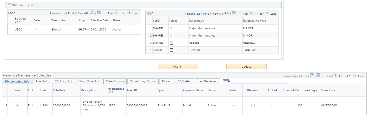 Preventive Maintenance Schedule Workbench page (2 of 3)