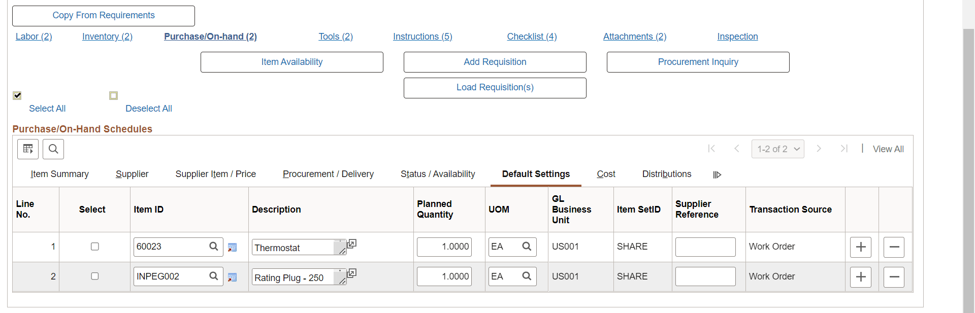 Purchase/On-Hand Schedules - Default Settings Tab