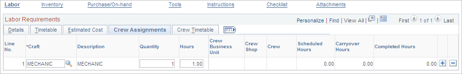 Requirements page - Labor Requirements Crew Assignments tab