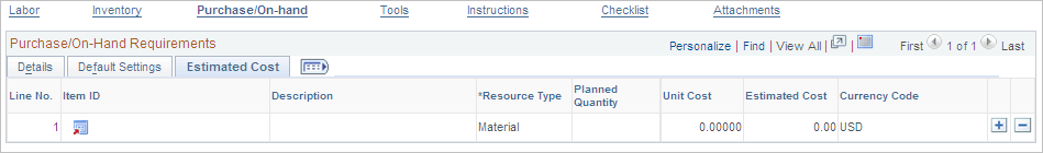 Requirements page - Purchase/On-Hand Estimated Cost tab
