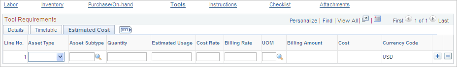 Requirements page - Tool Requirements, Estimated Cost tab