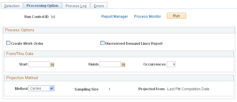 Run Projection - Processing Options page
