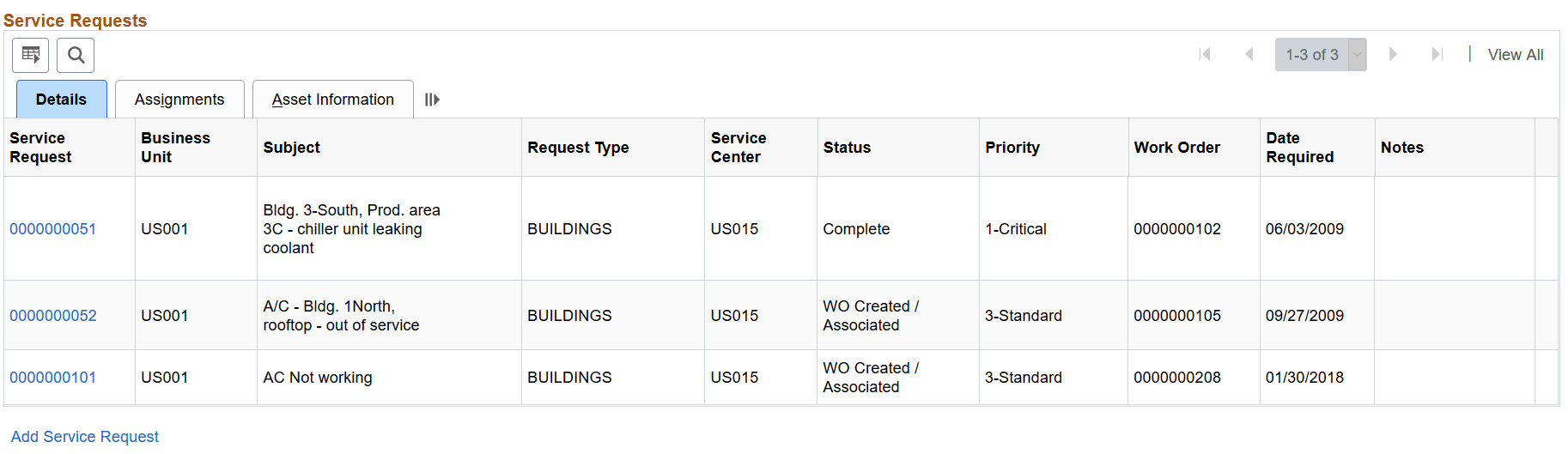 Service Request Inbox page (2 of 2)