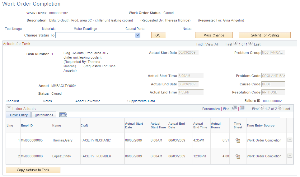 Work Order Completion Component