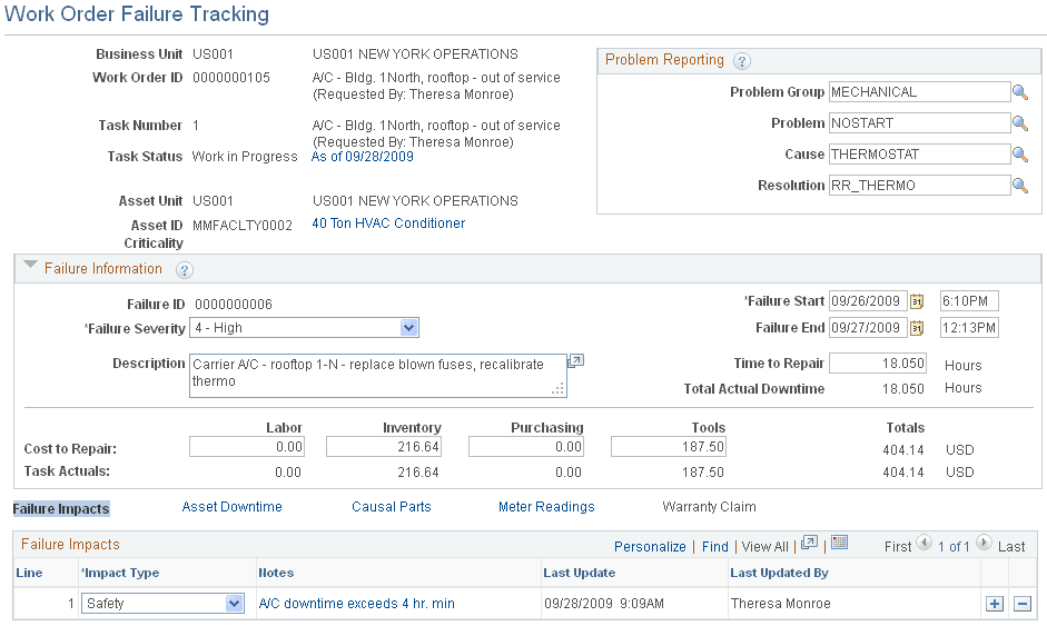 Work Order Failure Tracking page