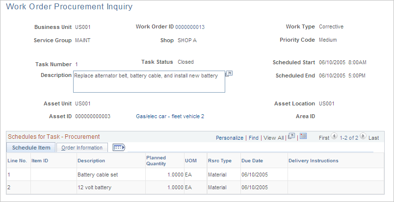 Work Order Procurement Inquiry page