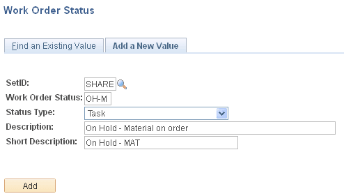 Work Order Status - Add a New Value page