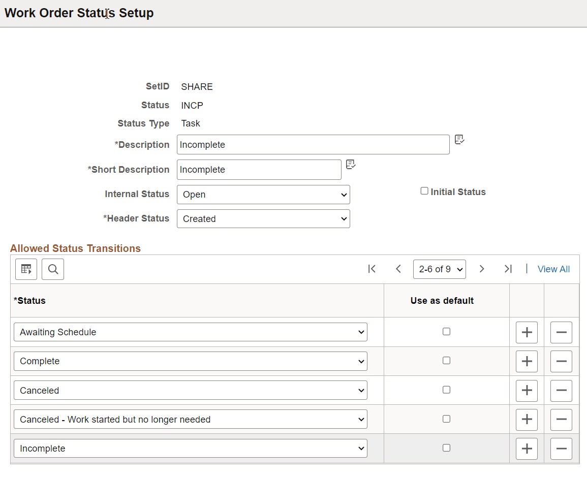 Work Order Status Setup page
