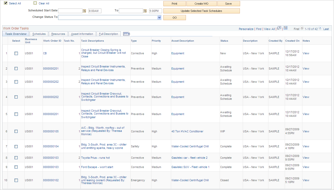 Work Order Workbench page - Task Overview tab