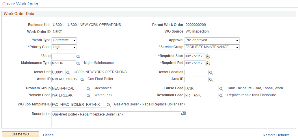 Work Response Create Work Order