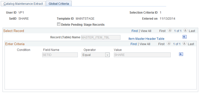 Catalog Maintenance Extract - Global Criteria page