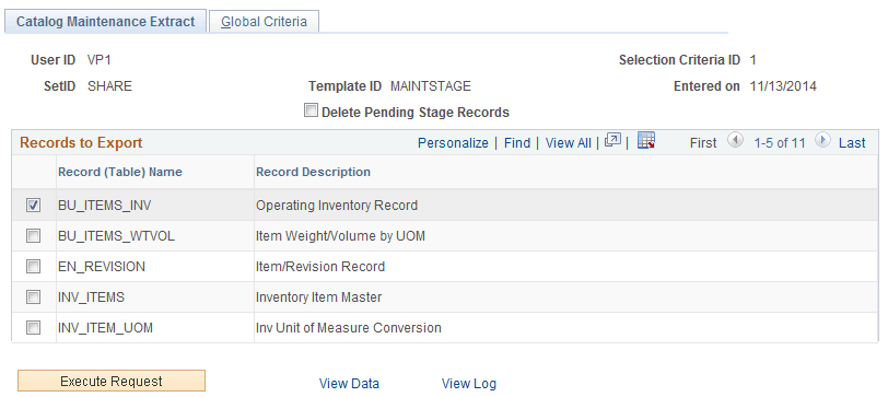 Catalog Maintenance Extract page