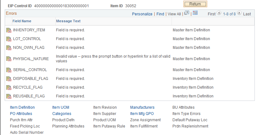 Data Definition Maintenance - Errors page