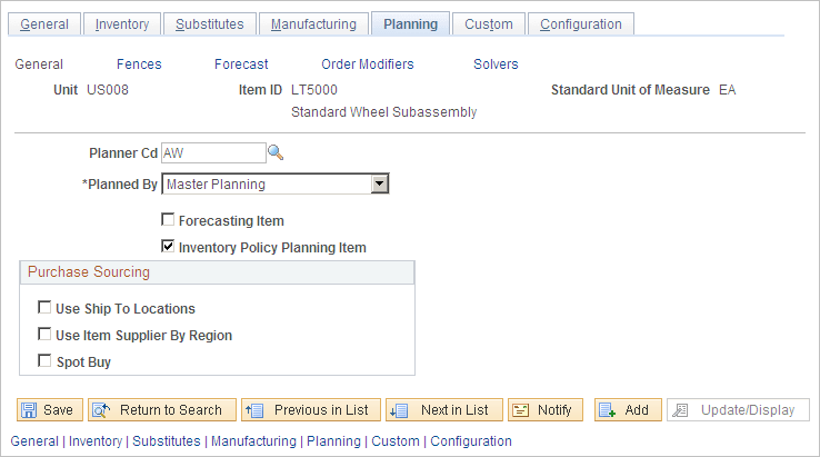 Define Business Unit Item - Planning: General page
