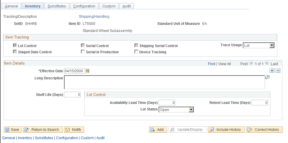 Define Item - Inventory: Tracking/Description page