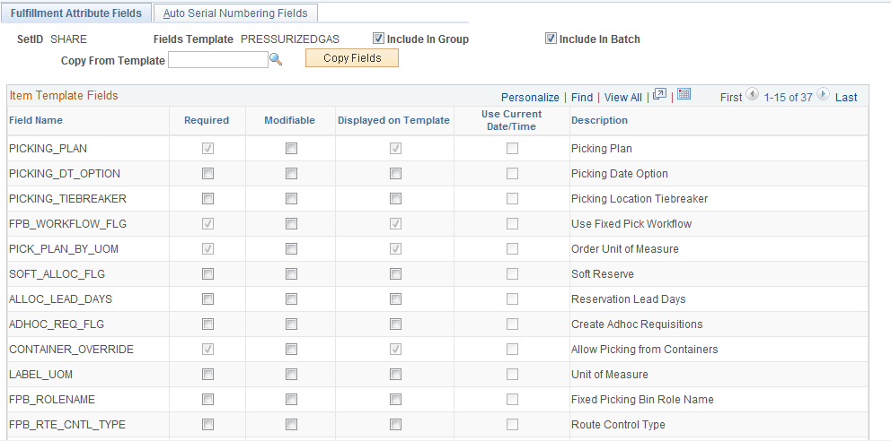 Fulfillment Attribute Fields page within the Inventory Fulfillment Field Group